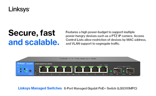 Linksys LGS310MPC 8 Ports Manageable Ethernet Switch - Gigabit Ethernet - 1000Base-T, 1000Base-X - 3 Layer Supported - Mod