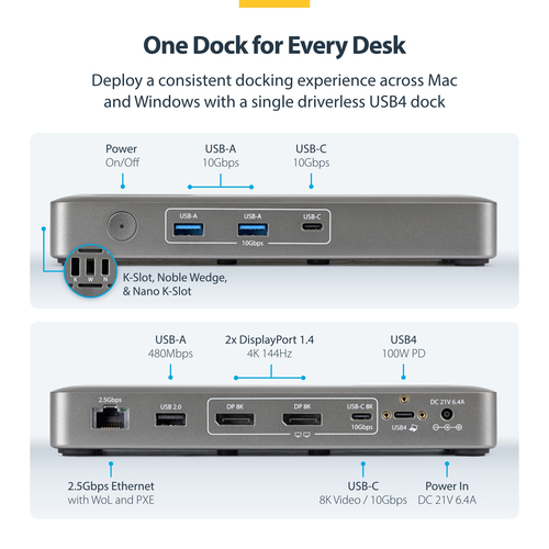 StarTech.com 9 Port(s) USB4 Docking Station for Notebook, Workstation, MacBook - Charging Capability - Space Gray - 2 Disp