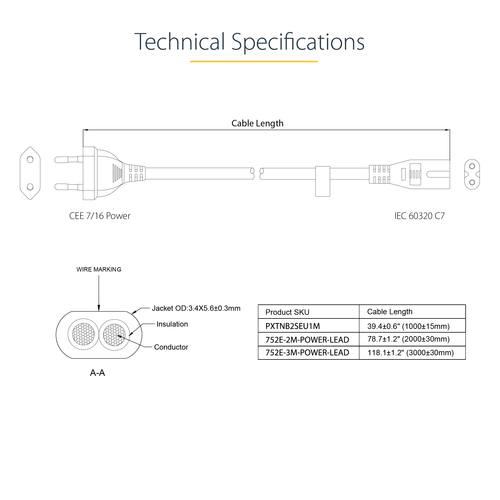 StarTech.com 752E-2M-POWER-LEAD. Kabellänge: 2 m, Anschluss 1: CEE7/16, Anschluss 2: C7-Koppler, Kabeltyp: H03VVH2-F. Eing