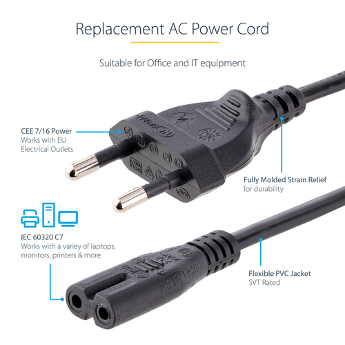 StarTech.com 752E-2M-POWER-LEAD. Kabellänge: 2 m, Anschluss 1: CEE7/16, Anschluss 2: C7-Koppler, Kabeltyp: H03VVH2-F. Eing