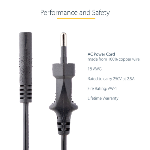 StarTech.com 752E-2M-POWER-LEAD. Kabellänge: 2 m, Anschluss 1: CEE7/16, Anschluss 2: C7-Koppler, Kabeltyp: H03VVH2-F. Eing
