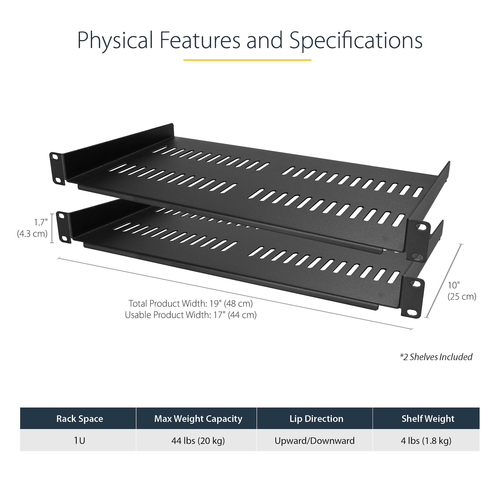 StarTech.com CABSHELFV1U-2PK. Typ: Regalboden, Gehäusematerial: Stahl, Produktfarbe: Schwarz. Quantity per pack: 2 Stück(e