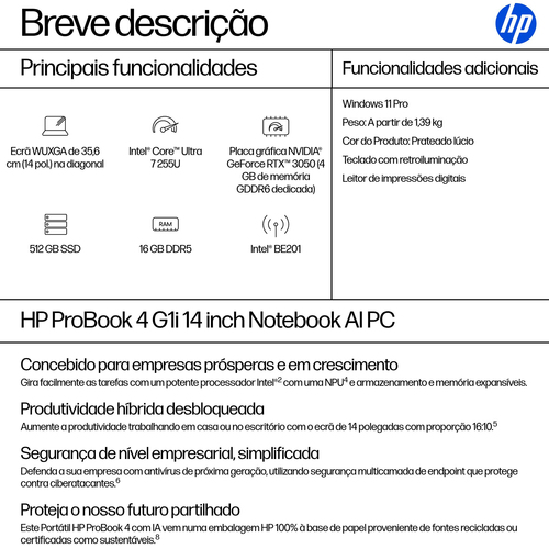 HP ProBook 4 G1i 35,6 cm (14") Notebook - WUXGA - 60 Hz - Intel Core Ultra 7 255U - 16 GB - 512 GB SSD - Intel Chip - 1920