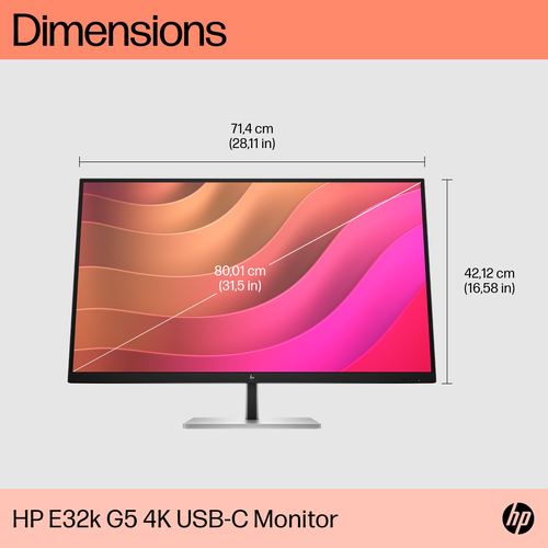 HP E32k G5 4K USB-C Monitor. Display diagonal: 80 cm (31.5"), Display resolution: 3840 x 2160 pixels, HD type: 4K Ultra HD