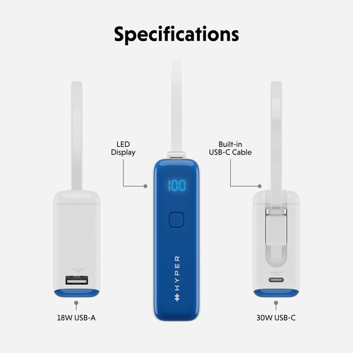 Hyperjuice Flex HJ5401OGGL Power Bank - Snorkel Blue - For Smartphone, Tablet PC, Notebook, USB Type A Device, USB Type C 
