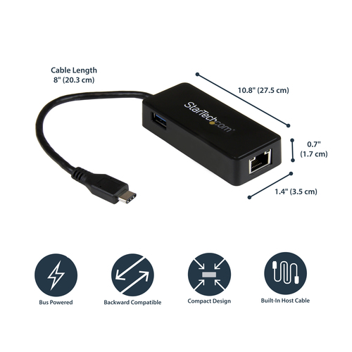 StarTech.com USB-C to Ethernet Gigabit Adapter - Thunderbolt 3 Compatible - USB Type C Network Adapter - USB C Ethernet Ad