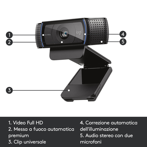 Webcam Logitech C920 - 30 fps - USB 2.0 - 15 Megapixel Interpolata - 1920 x 1080 Video - Auto focus - Widescreen - Microfo