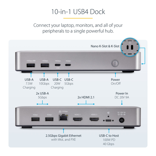 StarTech.com USB4 Docking Station for Tablet, Monitor, Smartphone, Notebook - Charging Capability - 165 W - Space Gray - D