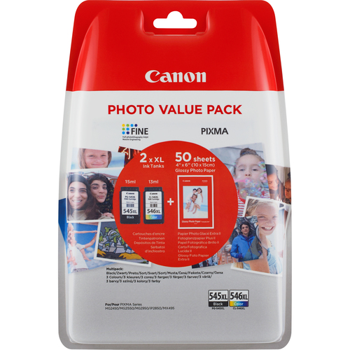 Canon PG-545XL/CL-546XL High Yield Ink Cartridge + Photo Paper Value Pack, High (XL) Yield, Pigment-based ink, 8 ml, 9 ml,
