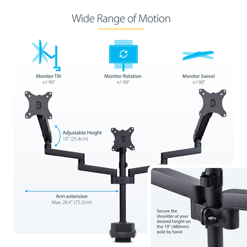 StarTech.com Triple Monitor Desk Mount For Up To Three 27in Screens, VESA 75x75/100x100, Tool-Less Arm Adjustments, C-Clam