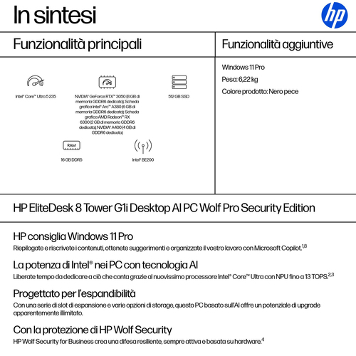 HP EliteDesk 8 Tower G1i AI PC Wolf Pro Security Edition. Famiglia processore: Intel Core Ultra 5, Modello del processore:
