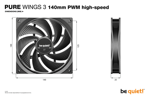 be quiet! Pure Wings 3 Kühllüfter - PC - 140 mm Maximum Fan Diameter - 208,30m³/h Maximum Airflow - 1800 U/Min - Schwarz
