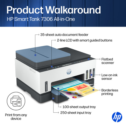 HP 7306 Smart Tank Inkjet Multifunction Printer - Copier/Printer/Scanner - 4800 x 1200 dpi Print