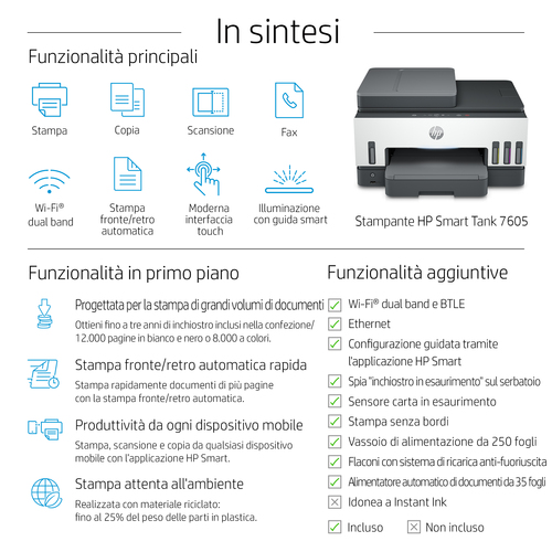 Stampante multifunzione a getto di inchiostro HP 7605 Smart Tank - Fotocopiatrice/Stampante/Scanner - 4800 x 1200 Stampa dpi