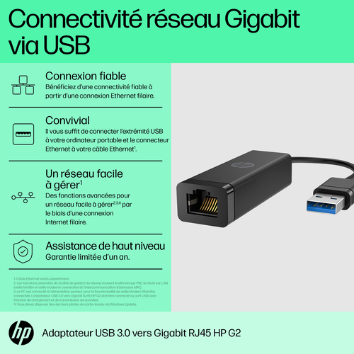 HP USB 3.0 to Gigabit RJ45 Adapter G2. Connectivity technology: Wired, Host interface: USB, Interface: Ethernet. Product c