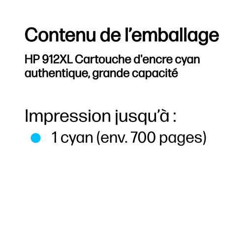 HP 912XL High Yield Cyan Original Ink Cartridge. Colour ink type: Pigment-based ink, Cartridge capacity: High (XL) Yield, 