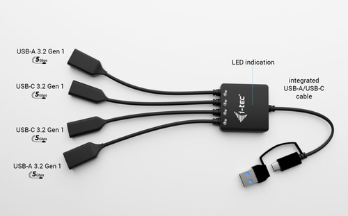 i-tec USB-C/USB-A Cable HUB 4 port (2x USB-C, 2x USB-A). Hostschnittstelle: USB 3.2 Gen 1 (3.1 Gen 1) Type-A + Type-C, Hub