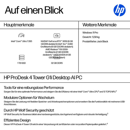 Desktop Computer HP ProDesk 4 G1i - Intel Core Ultra 7 Serie 2 265 - 32 GB - 1 TB PCI Express NVMe SSD - Tower - Schwarz -