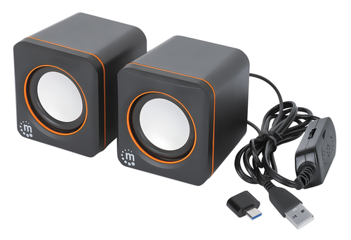 Manhattan 2600 Series Speaker System, Two Speakers, Black/Orange, USB for Stereo Audio and Power, Output: 2x 3W, Decent So