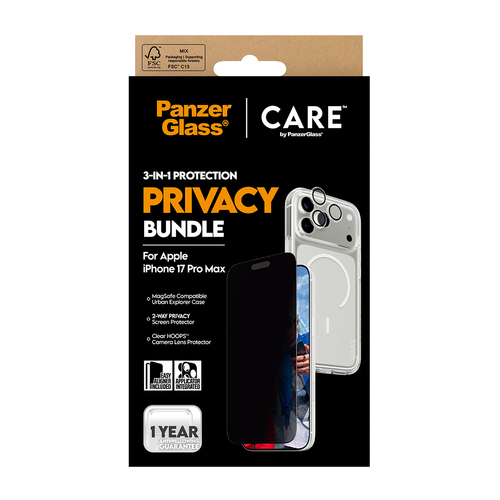 PanzerGlass ® | CARE by ® 3-in-1 Flagship Privacy Bundle iPhone 17 Pro Max. Brand compatibility: Apple, Compatibility: App