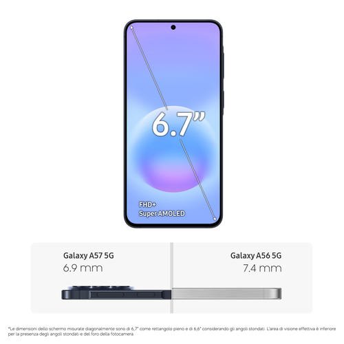 Samsung Galaxy A57 5G . Dimensioni diagonale schermo: 17 cm (6.7"), Risoluzione del display: 1080 x 2340 Pixel. Famiglia p