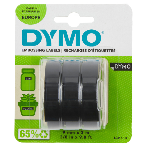 Etikettenband Dymo S0847730 - 9 mm Breite x 3 m Länge - Rechteck - Schwarz - Plastik - 3 Rolle