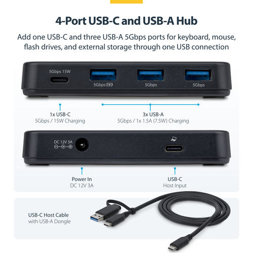 StarTech.com USB Hub - USB 3.2 (Gen 1) Type C - 640 MB/s - Flash Drive - Desktop - Black - UASP Support - 5 Total USB Port(s)