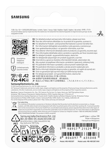 Carte microSDXC Samsung MB-MB128T - 128 Go - Classe 10/UHS-I (U3) - V30 - 170 Mo/s en Lecture