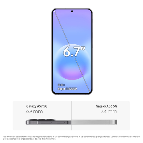 Samsung Galaxy A57 5G . Dimensioni diagonale schermo: 17 cm (6.7"), Risoluzione del display: 1080 x 2340 Pixel. Famiglia p