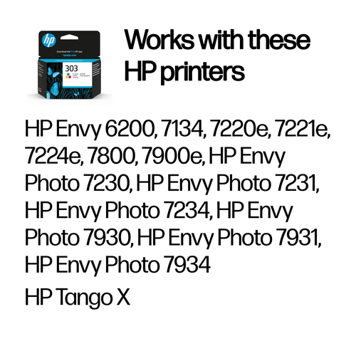 HP 303 Tri-color Original Ink Cartridge. Colour ink page yield: 165 pages, Printing colours: Cyan, Magenta, Yellow, Quanti