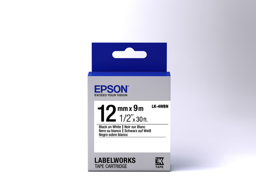 Epson LK-4WBN Label Tape - 12 mm Width - Black on White - 9 m Roll Length - 1 Pack