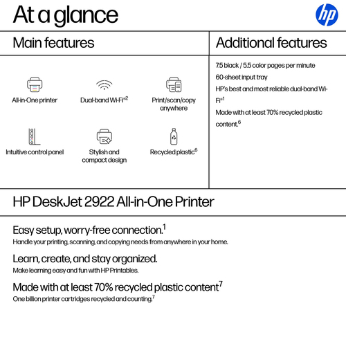 HP Deskjet 2922 Kabellos - Tintenstrahl-Multifunktionsdrucker - Farbe - Weiß - Kopierer/Drucker/Scanner - 4800 x 1200 dpi 