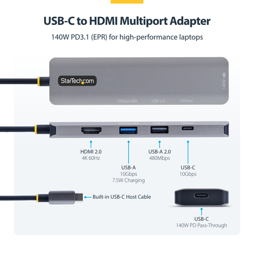 StarTech.com 164B-USBC-MULTIPORT. Übertragungstechnik: Kabelgebunden, Hostschnittstelle: USB 3.2 Gen 2 (3.1 Gen 2) Type-C,