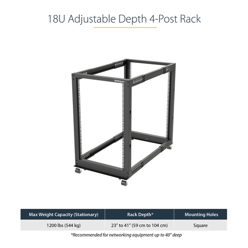 StarTech.com 18U 19" Open Frame Server Rack - 4 Post, Adjustable Depth 22 to 40" - Mobile Network Equipment Rack - HP ProL