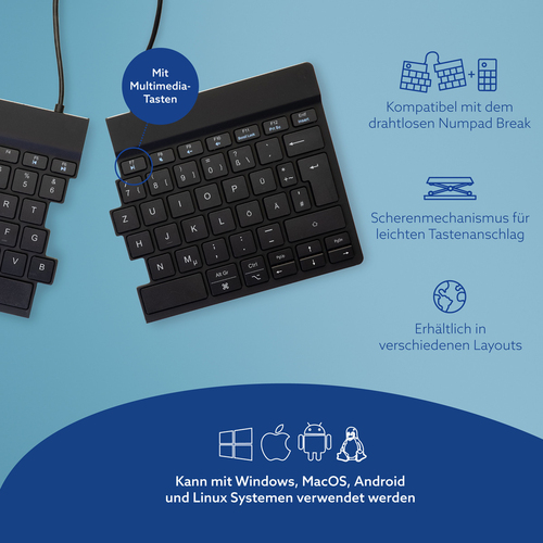 R-Go Tools Ergonomische Tastatur R-Go Split Break mit Pausensoftware, geteilte Tastatur, QWERTZ (DE), kabellos, schwarz. T