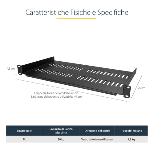 StarTech.com Mensola per Rack 19" 1U Ventilata - Scaffale/Ripiano universale cantilever per rack e armadi di rete 19 polli