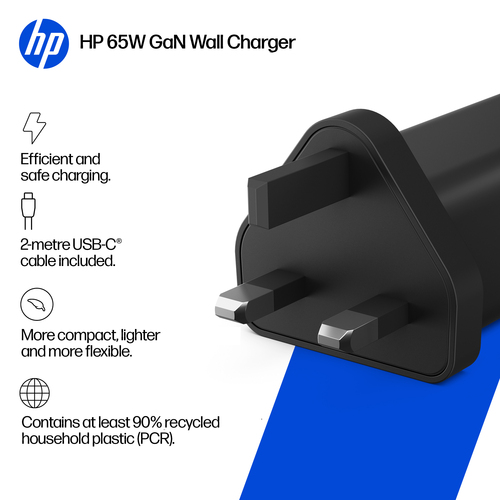 HP Chargeur mural 65 W nitrure de gallium. Compatibilité: Offre une puissance allant jusqu?à 65 W, Segment HP: Professionn