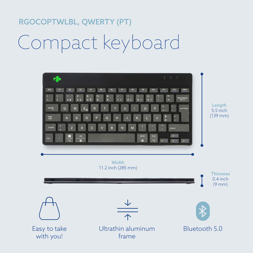 R-Go Compact Break Teclado - Compacto - Sem fios Conectividade - USB Tipo C Interface - Português - QWERTY Layout - Preto 