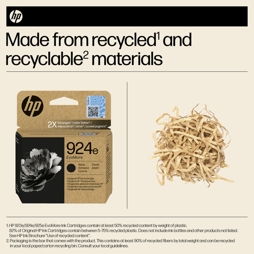 HP 924e EvoMore Black Original Ink Cartridge. Cartridge capacity: High (XL) Yield, Supply type: Single pack, Printing colo