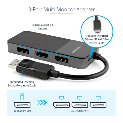 StarTech.com 3-Port DisplayPort 1.4 Splitter, DisplayPort to 3x DP Multi-Monitor Adapter, Triple 4K Computer MST Hub, Wind