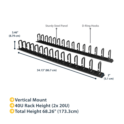 StarTech.com Vertical Cable Organizer with D-Ring Hooks - Vertical Cable Management Panel - 40U - 6 ft. - Cable Organizer 