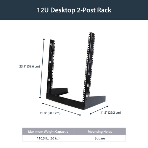StarTech.com Open frame rack - 12U 19in - 2 post rack - desktop open rack - Steel - 50 kg Maximum Weight Capacity