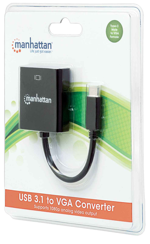 Manhattan USB-C to VGA Converter Cable, 1080p@60Hz, Black, 8cm, Male to Female, Lifetime Warranty, Equivalent to CDP2HD. U
