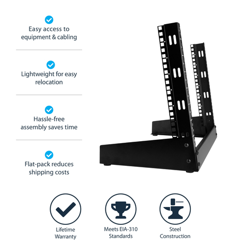 StarTech.com 8U Desktop Rack - 2-Post Open Frame Rack - 19in Open Frame Desktop Rail Rack - 8U - Steel - 50.12 kg Maximum 