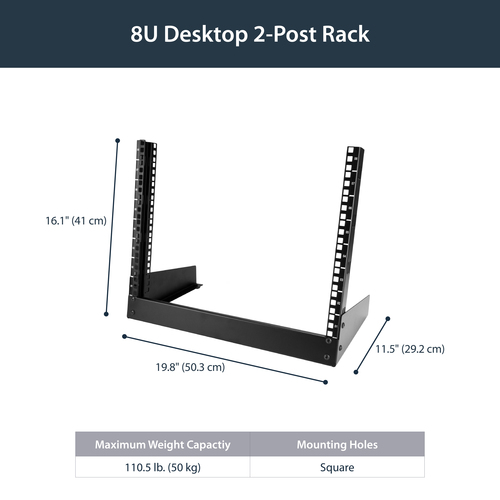 StarTech.com 8U Desktop Rack - 2-Post Open Frame Rack - 19in Open Frame Desktop Rail Rack - 8U - Steel - 50.12 kg Maximum 