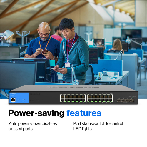 Linksys LGS328MPC 24 Ports Manageable Ethernet Switch - 3 Layer Supported - Modular - 410 W PoE Budget - Optical Fiber, Tw
