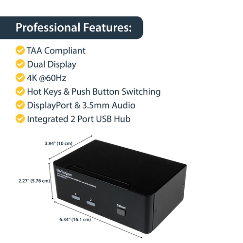StarTech.com KVM Switchbox - TAA Compliant - 2 Computer(s) - 1 Local User(s) - 4K - 3840 x 2160 - 6 x USB - USB 2.0 - 6 x 
