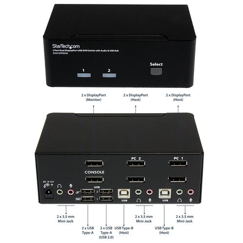 StarTech.com KVM Switchbox - TAA Compliant - 2 Computer(s) - 1 Local User(s) - 4K - 3840 x 2160 - 6 x USB - USB 2.0 - 6 x 