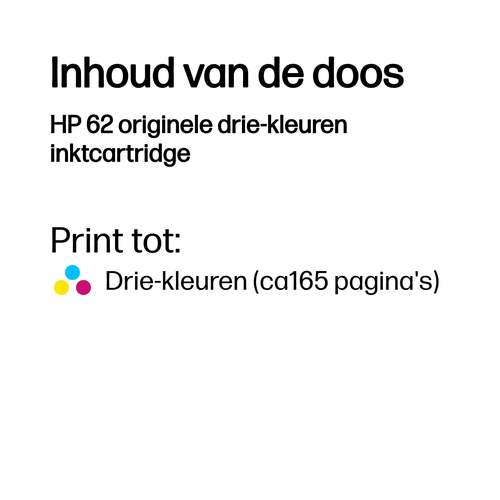 HP 62 Tri-color Original Ink Cartridge. Colour ink page yield: 165 pages, Printing colours: Cyan, Magenta, Yellow, Quantit
