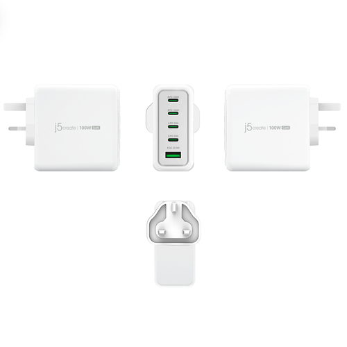 j5create JUP53100 100W GaN USB-C® 5-Port Charger. Charger type: Indoor, Power source type: AC, Charger compatibility: Univ